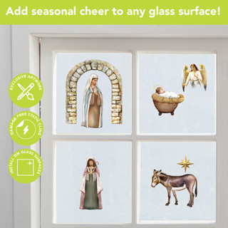 Away in a Manger Window Clings, nativity scene stickers on a glass surface, four pieces set.