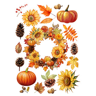 Welcome Fall Wreath Window Clings with autumn leaves, pumpkins, sunflowers, and pinecones on white background.