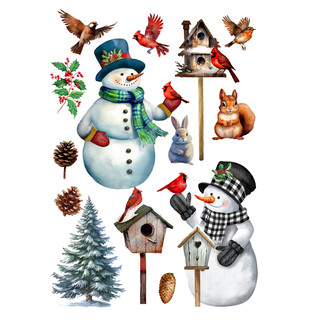 Snowman and birds window clings featuring snowmen, birdhouses, pinecones, and winter woodland creatures.