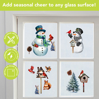 Snowman and Birds Window Clings, snowman, birds, tree, window decals, seasonal decorations, clings set.