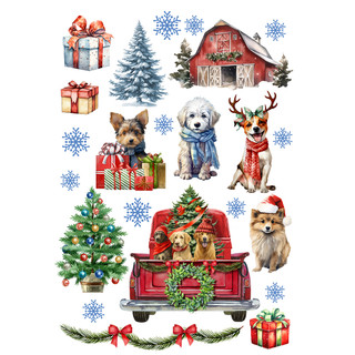 Holiday Cheer Dogs Window Clings featuring dogs in festive scenes with Christmas tree and presents.