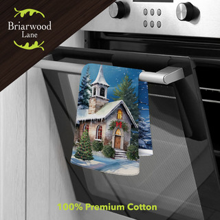 Holy Night Cotton Hand Towel with church design on oven handle, 100% premium cotton material shown.