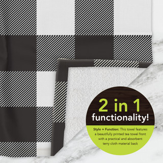 Black and white check cotton hand towel with absorbent terry cloth back, two-in-one functionality design.
