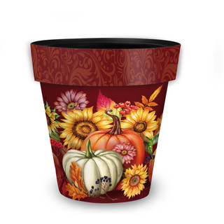 Fall Beauty Medium Planter, red pot with pumpkins, sunflowers, and fall leaves design.