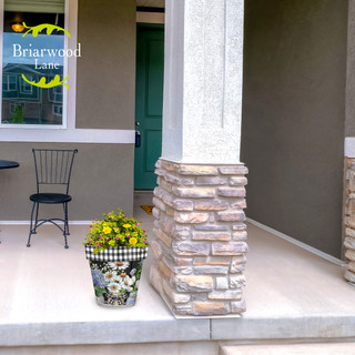 Crated Mason Jar medium planter with flowers on a house porch, Briarwood Lane product display.