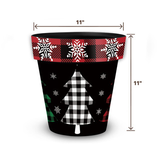 Black Checkered Trees Medium Planter with red and white snowflake rim, 11 inches tall and wide.