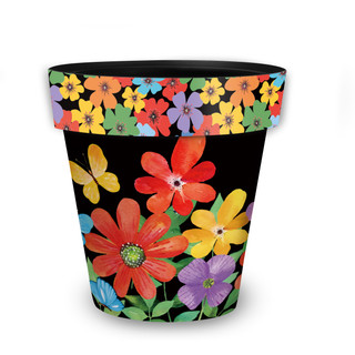 Whimsy Flowers Medium Planter, black with colorful floral design and vibrant red, orange, yellow, purple flowers.