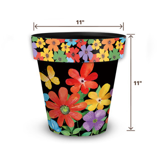 Whimsy Flowers Medium Planter, black with colorful floral design, 11 inches tall and wide.