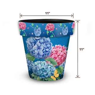 Colorful Hydrangeas Medium Planter, 11 inches tall and wide, with pink, blue, and purple hydrangea design.