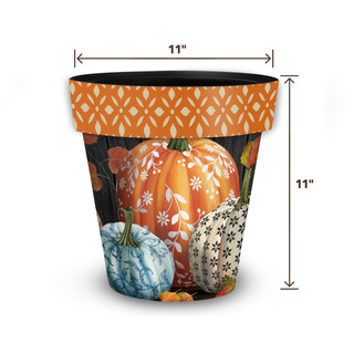 Elegant Pumpkins Medium Planter, 11 inches tall and wide, with orange, blue, and white pumpkins design.