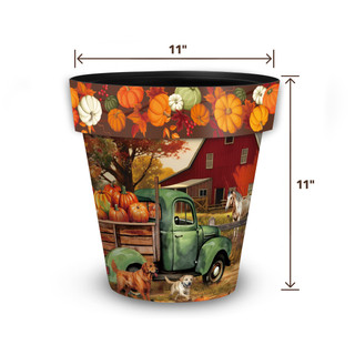 Autumn Farm Medium Planter, green truck, pumpkins, and flowers on a 11-inch tall and wide pot.