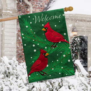 Cardinals in Snow Burlap House Flag with red cardinals, green pine and "Welcome" on burlap.