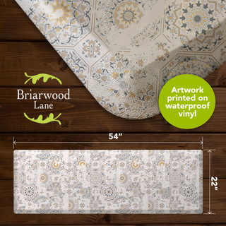 Distressed Tiles Oversized Comfort Mat, 54x22 inches, Briarwood Lane, beige, blue, and gold pattern.