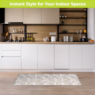 Distressed Tiles Oversized Comfort Mat in kitchen with white cabinets and wood floors, floral design.