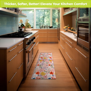 Colorful Flowers Oversized Comfort Mat in a kitchen, bright floral design on soft mat.