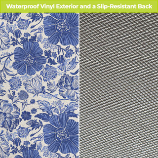 Blue and white oversized floral comfort mat with waterproof vinyl exterior and slip-resistant back details shown.