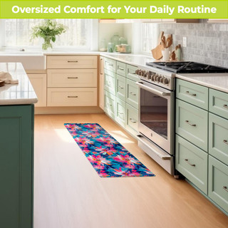 Abstract Floral Oversized Comfort Mat in blue, pink, and purple hues on hardwood kitchen floor.