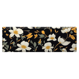 Elegant Flowers Oversized Comfort Mat with white flowers and yellow centers on a black background.