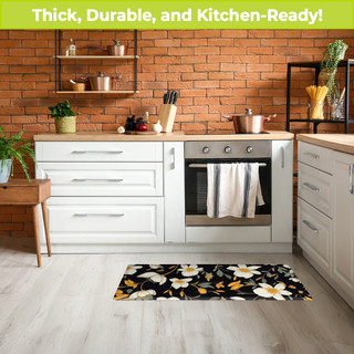 Elegant Flowers Oversized Comfort Mat, black with white and yellow flowers on kitchen floor.