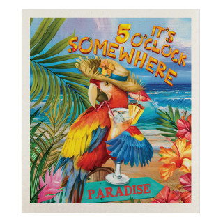 5 O'clock Paradise Summer Swedish Dish Cloth with colorful tropical beach design and parrot illustration.