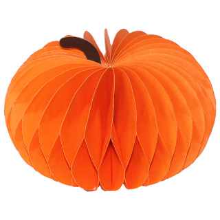 Medium orange pumpkin honeycomb paper decor, 4.8 x 6.3 inches, magnetic, honeycomb textured surface.