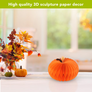 Orange pumpkin honeycomb paper decor, medium size, 4.8 x 6.3 inches, vibrant fall decoration.