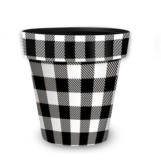 Black and white buffalo check medium planter with classic checkered pattern and wide mouth opening.