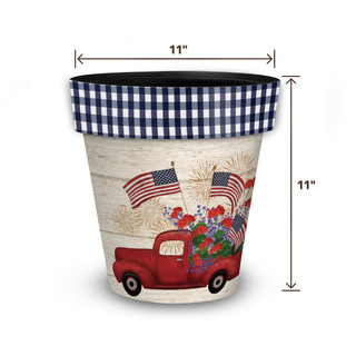 Stars and Stripes Truck Medium Planter, 11 inches tall, red truck with American flags and flowers.