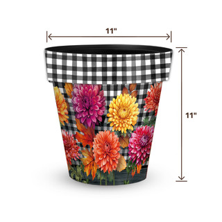 Medium Checkered Mums planter with colorful flowers, black and white checkered top, 11 inches tall.