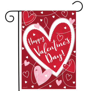 Red garden flag with white and pink hearts, Happy Valentine's Day text, decorative design, Heart Toss.