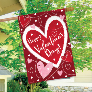 Red Heart Toss House Flag with white and pink hearts, Happy Valentine's Day message.