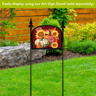Fall Beauty Acrylic Art Sign with sunflowers and pumpkins on a decorative black garden sign stand.