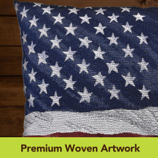 American Flag Waving Indoor Pillow, blue with white stars and red, white stripes, premium woven artwork.