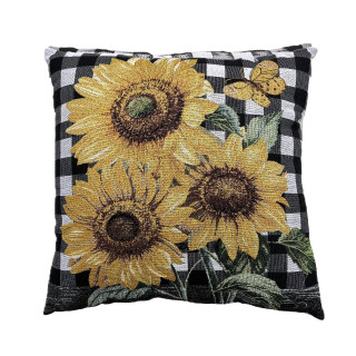 Black and white checkered pillow with large yellow sunflowers and butterfly design, indoor summer throw pillow.