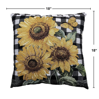 Black and white checkered pillow with large yellow sunflowers and butterflies, 18 inches square.