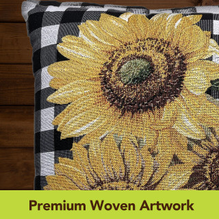 Checkered black and white pillow with large yellow sunflowers, woven premium summer indoor decorative pillow cover.