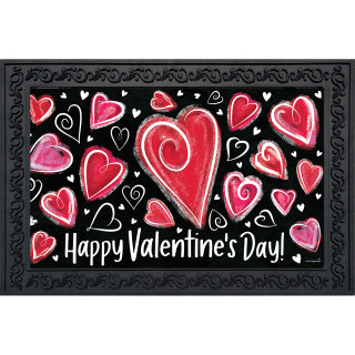 Valentine Heart Dance Doormat with red and pink hearts on a black background with white text.