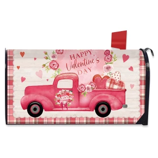 Valentine's Love Pickup Mailbox Cover, pink truck with hearts, flowers on white background with plaid border.