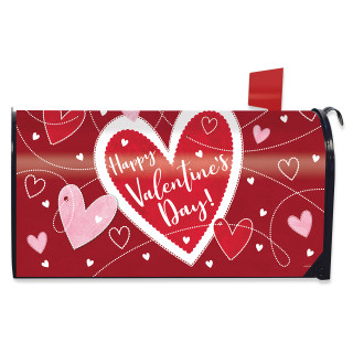 Red Heart Toss Mailbox Cover with white and pink hearts, Happy Valentine's Day text.
