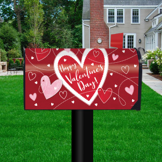 Red Heart Toss Mailbox Cover with white and pink hearts and Happy Valentine's Day text.