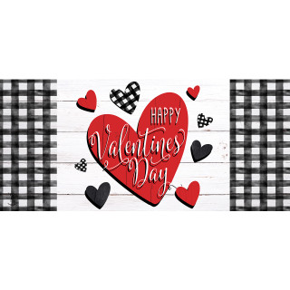 Red heart with "Happy Valentine's Day" on white wood background with checkered borders and hearts.