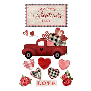 Valentines Love Pickup Window Clings, red truck with hearts, roses, and Happy Valentines Day sign.
