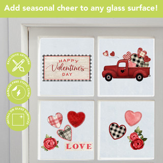 Valentines Love Pickup Window Clings, red truck, hearts, roses, on white background.