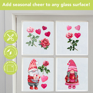 Valentines Gnomes Window Clings featuring gnomes, roses, and hearts on a white window surface.