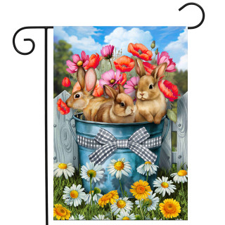 Bucket of Bunnies Garden Flag with colorful flowers and bunnies in a blue metal bucket.