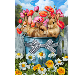 Bucket of Bunnies Garden Flag with colorful flowers and bunnies in a blue bucket outdoors.
