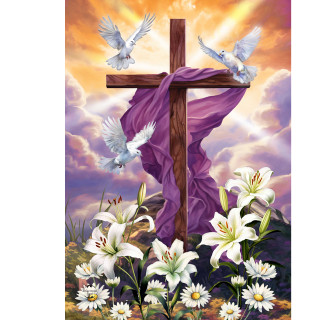 Sunrise Easter Cross Garden Flag with purple cloth, white lilies, daisies, and doves on wooden cross.