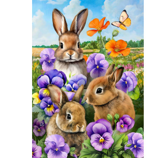 Spring Bunny Trio Garden Flag with brown bunnies, purple flowers, orange flowers, and a butterfly.