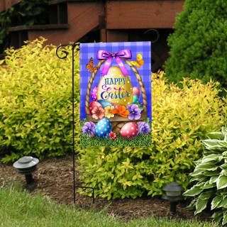 Happy Easter Egg Basket Garden Flag with colorful eggs and purple bow on a garden stand outdoors.