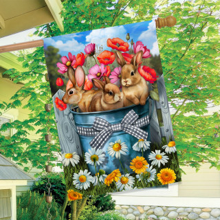 Bucket of Bunnies House Flag with colorful flowers and bunnies on a blue bucket with bow.
